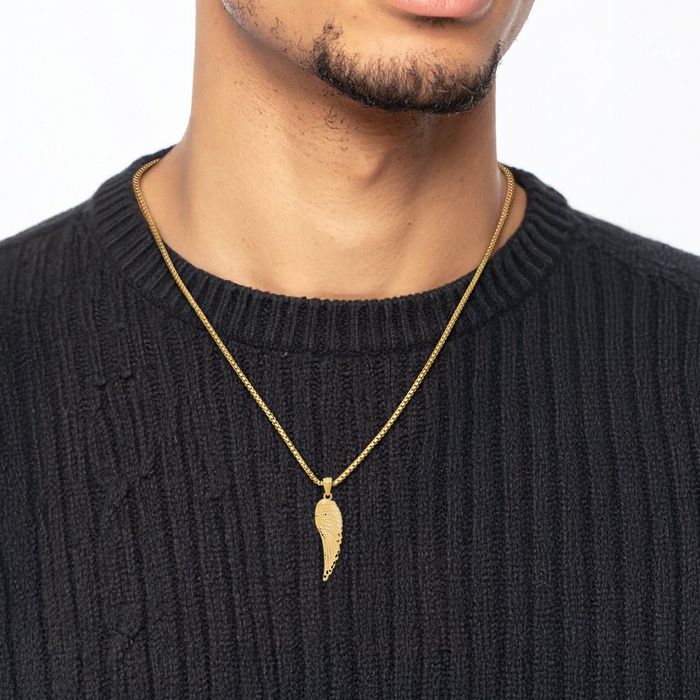 14K Solid Yellow Gold Guardian Angel Wings Single Wing Necklace Protect Us Cherub Pendant Religious Charm