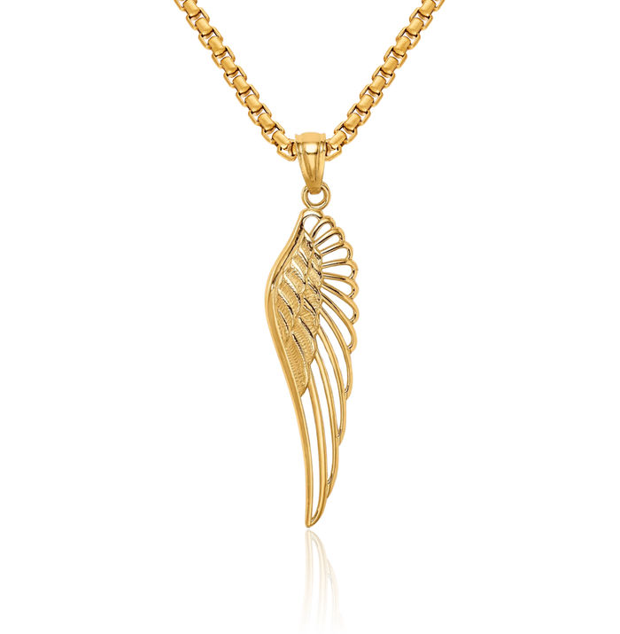 14K Solid Yellow Gold Guardian Angel Wings Single Wing Necklace Protect Us Cherub Pendant Religious Charm