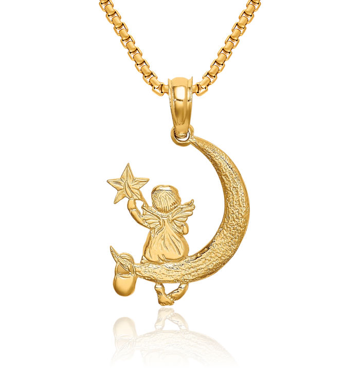 14K Solid Yellow Gold Guardian Angel Wings Star Half Crescent Moon Necklace Protect Us Cherub Pendant Religious Charm