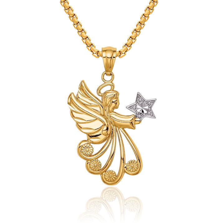 14K Solid Yellow Gold Guardian Angel Wings Star Necklace Protect Us Cherub Pendant Religious Charm