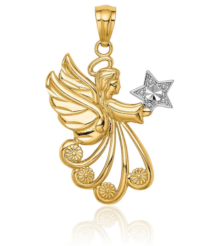 14K Solid Yellow Gold Guardian Angel Wings Star Necklace Protect Us Cherub Pendant Religious Charm