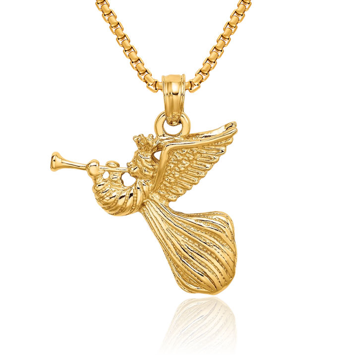 14K Solid Yellow Gold Guardian Angel Wings Trumpet Necklace Protect Us Cherub Pendant Religious Charm