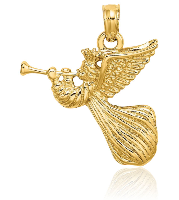 14K Solid Yellow Gold Guardian Angel Wings Trumpet Necklace Protect Us Cherub Pendant Religious Charm