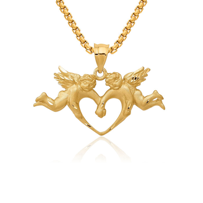 14K Solid Yellow Gold Guardian Angels Heart Necklace Protect Us Cherub Pendant Religious Charm