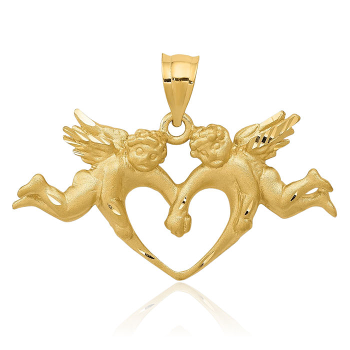 14K Solid Yellow Gold Guardian Angels Heart Necklace Protect Us Cherub Pendant Religious Charm