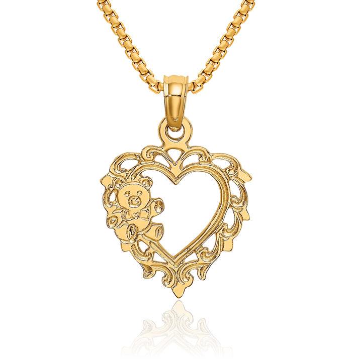 14K Solid Yellow Gold Gummy Teddy Bear Heart Necklace Love Pendant Charm