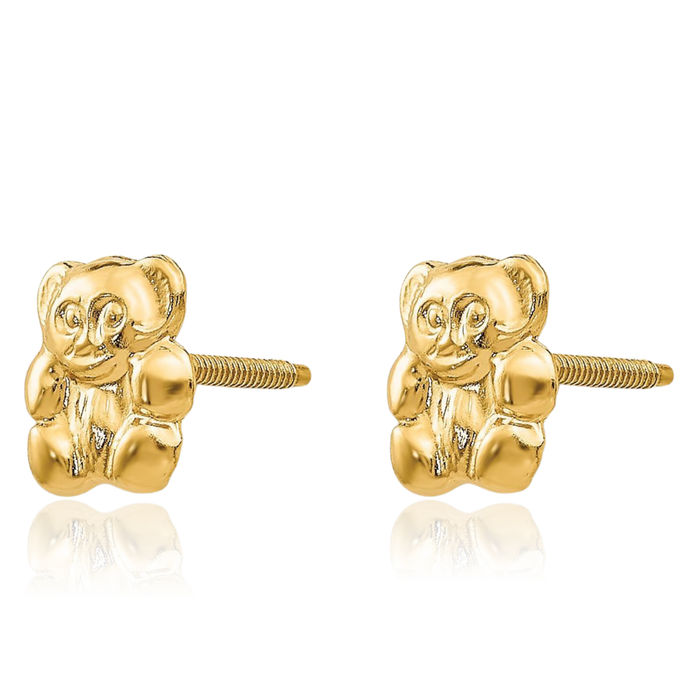 14K Solid Yellow Gold Gummy Teddy Bear Studs Screw Back Earrings