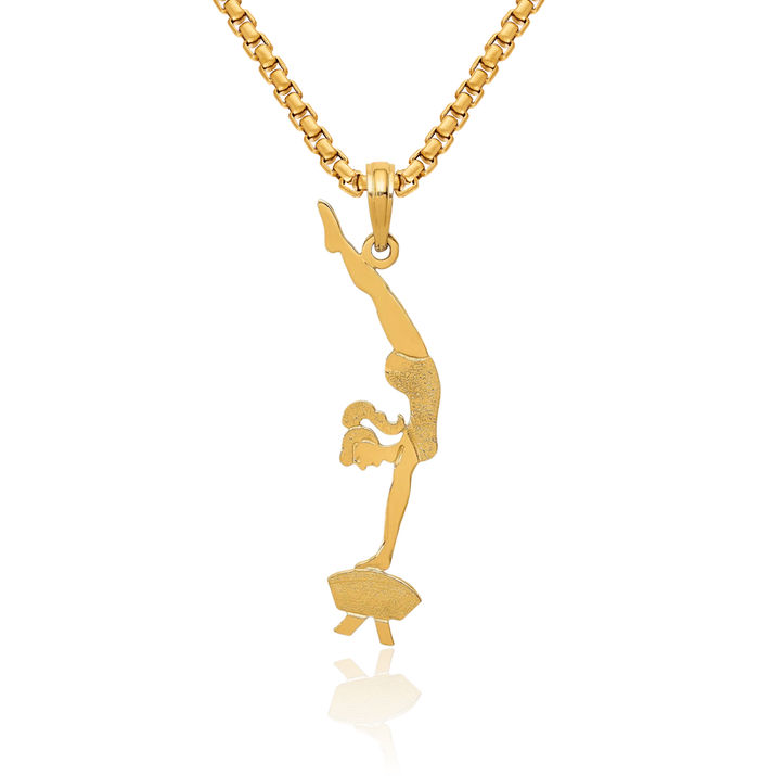 14K Solid Yellow Gold Gymnast Necklace Gymnastics Charm Sports Pendant