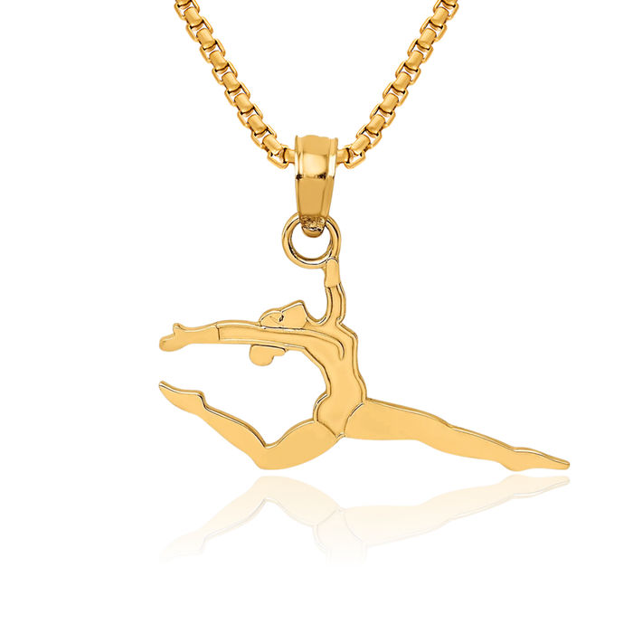 14K Solid Yellow Gold Gymnast Necklace Gymnastics Charm Sports Pendant