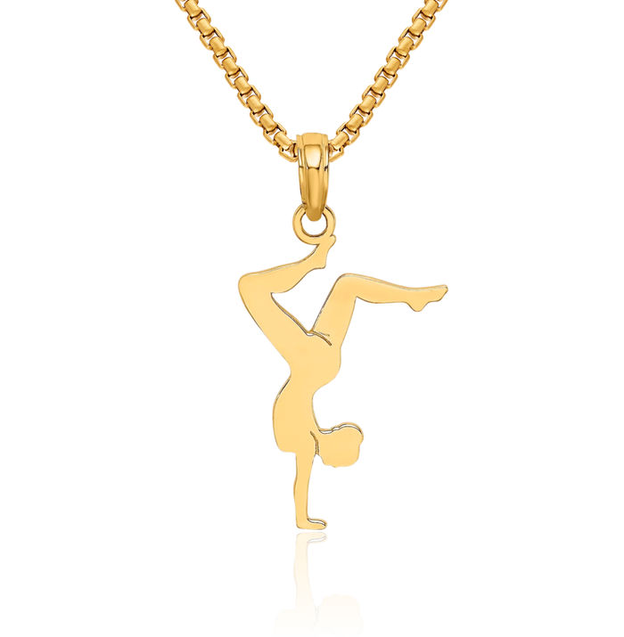 14K Solid Yellow Gold Gymnast Necklace Gymnastics Charm Sports Pendant