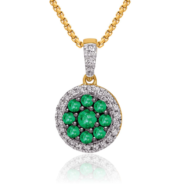 14K Solid Yellow Gold Halo Round Diamond Green Emerald Circle Necklace Gemstone Pendant Charm