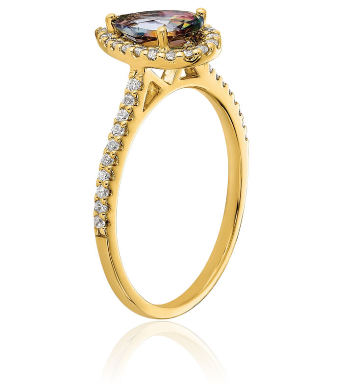 14K Solid Yellow Gold Halo Round Pear Cut Mystic Fire Topaz Diamond Engagement Ring