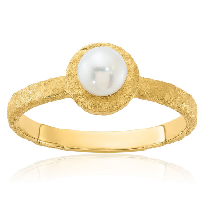 14K Solid Yellow Gold Hammered 5mm Round White Freshwater Cultured Pearl Statement Ring