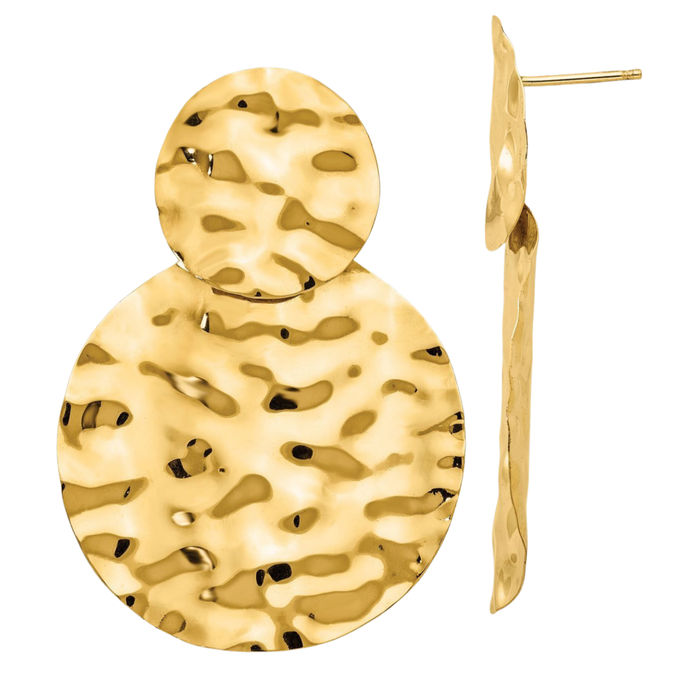 14K Solid Yellow Gold Hammered Drop Dangle Earrings