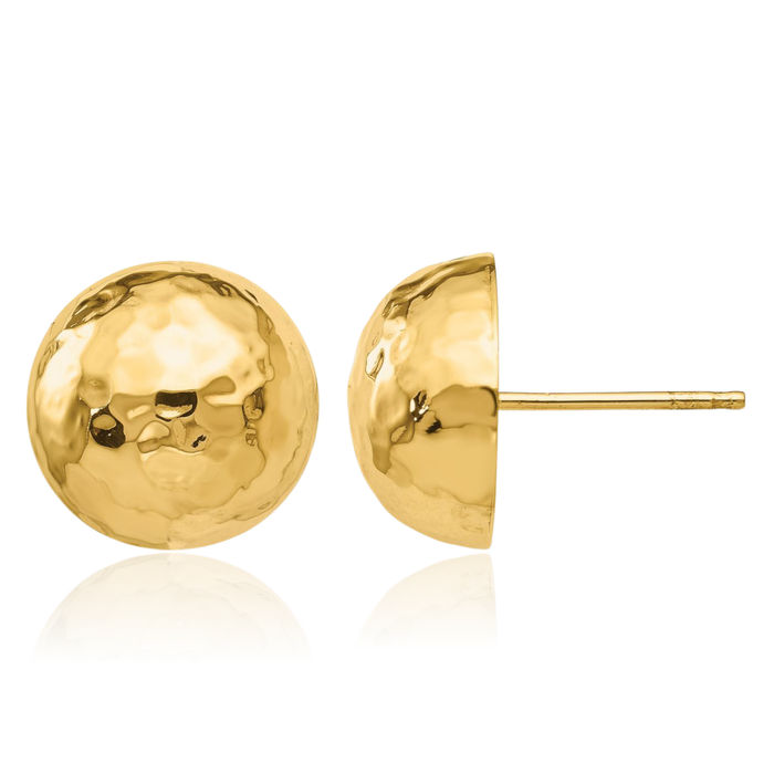 14K Solid Yellow Gold Hammered Half Ball Stud Earrings