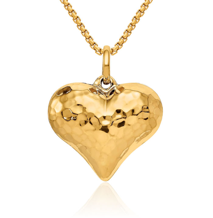 14K Solid Yellow Gold Hammered Heart Necklace Love Pendant Charm