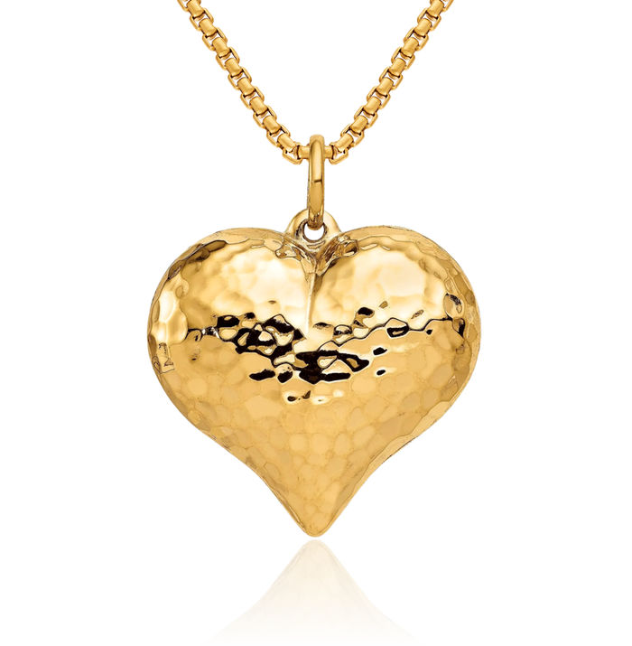 14K Solid Yellow Gold Hammered Heart Necklace Love Pendant Charm