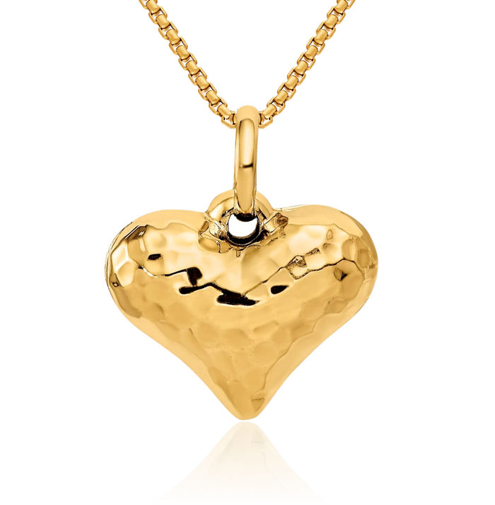 14K Solid Yellow Gold Hammered Heart Necklace Love Pendant Charm