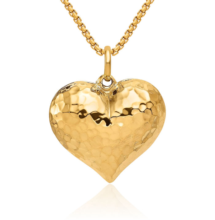 14K Solid Yellow Gold Hammered Heart Necklace Love Pendant Charm