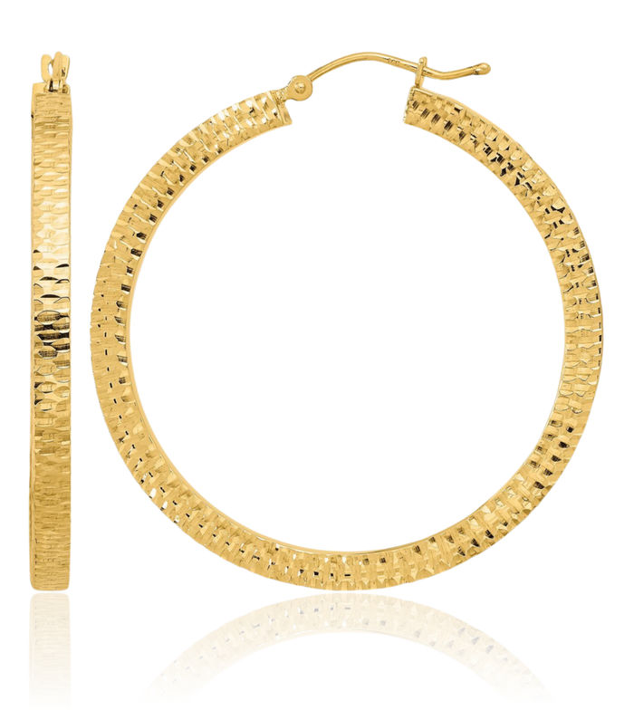 14K Solid Yellow Gold Hammered Large Hoop Earrings