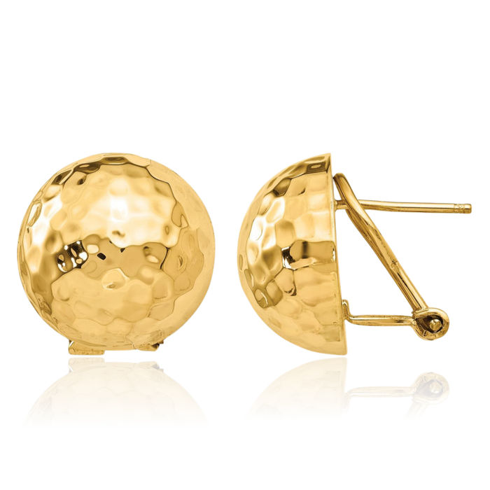 14K Solid Yellow Gold Hammered Omega Clip Back Post Stud Earrings
