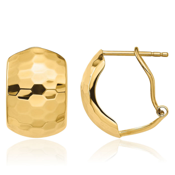 14K Solid Yellow Gold Hammered Omega Clip Back Post Stud Earrings
