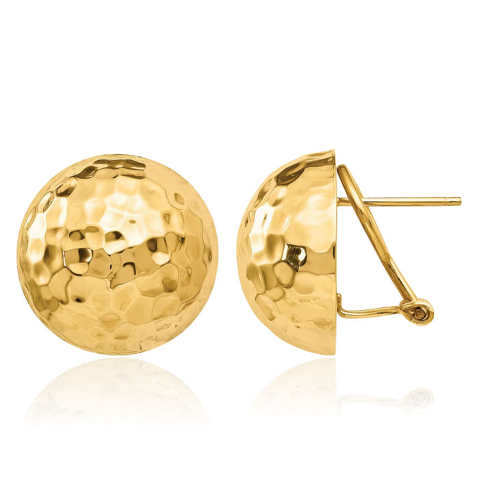 14K Solid Yellow Gold Hammered Omega Clip Back Post Stud Earrings