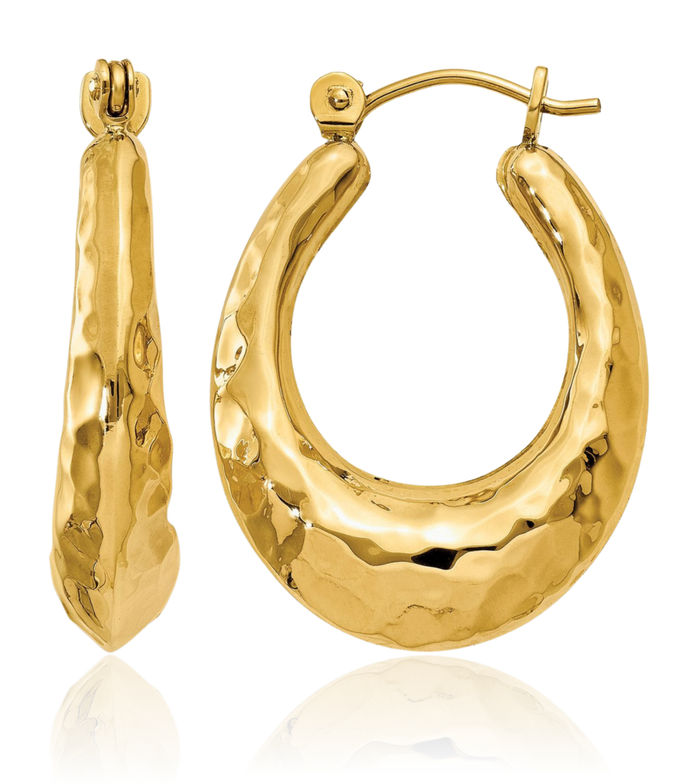 14K Solid Yellow Gold Hammered Oval Medium Hoop Earrings