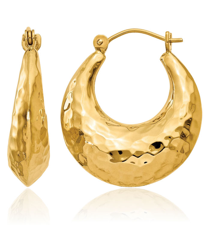 14K Solid Yellow Gold Hammered Oval Medium Hoop Earrings