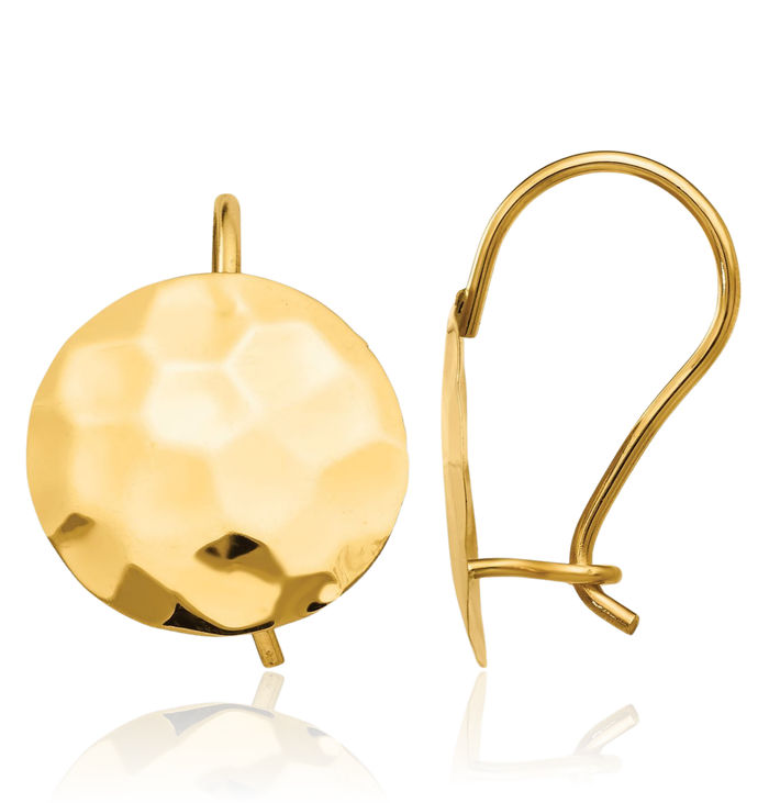 14K Solid Yellow Gold Hammered Circle Round Disc Drop Dangle Earrings