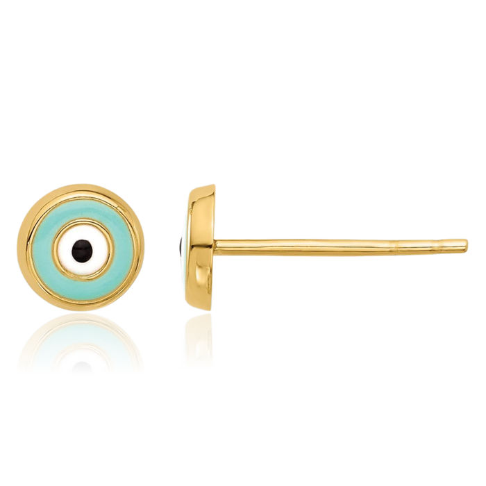 14K Solid Yellow Gold Hamsa Hand of Fatima Evil Eye Protection Good Luck Blue Stud Earrings