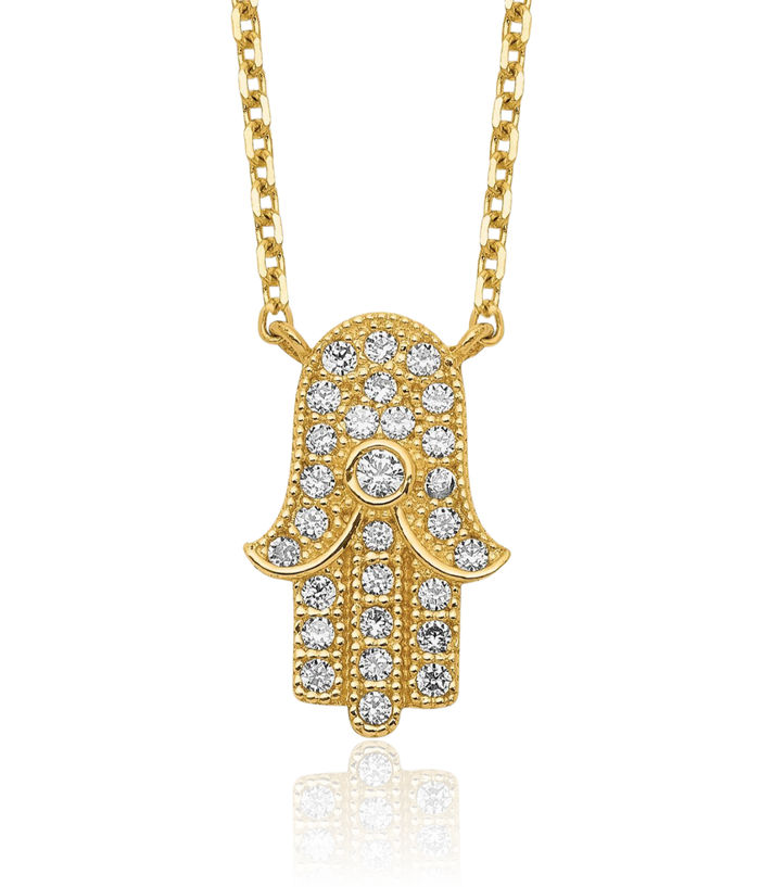 14K Solid Yellow Gold Hamsa Hand of Fatima Good Luck Evil Eye Protection Cubic Zirconia CZ Necklace Chain