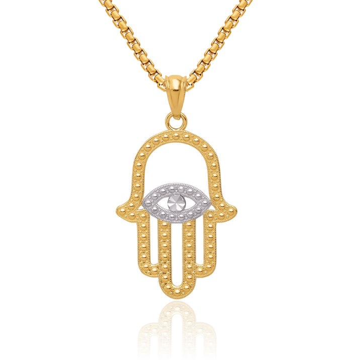 14K Solid Yellow Gold Hamsa Hand of Fatima Evil Eye Protection Necklace Judaica Religious Chain Pendant Israel Charm