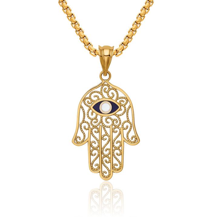 14K Solid Yellow Gold Hamsa Hand of Fatima Evil Eye Protection Necklace Judaica Religious Chain Pendant Israel Charm