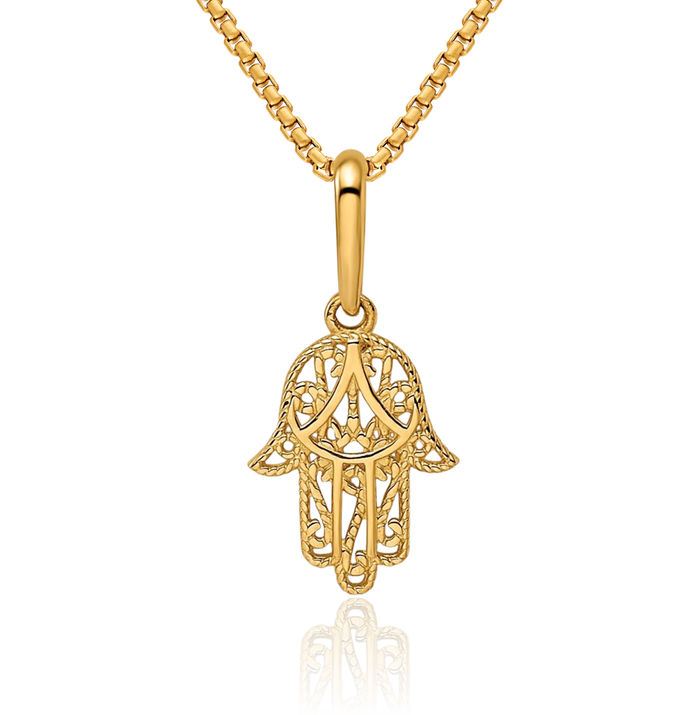 14K Solid Yellow Gold Hamsa Hand of Fatima Evil Eye Protection Necklace Chain Pendant Charm