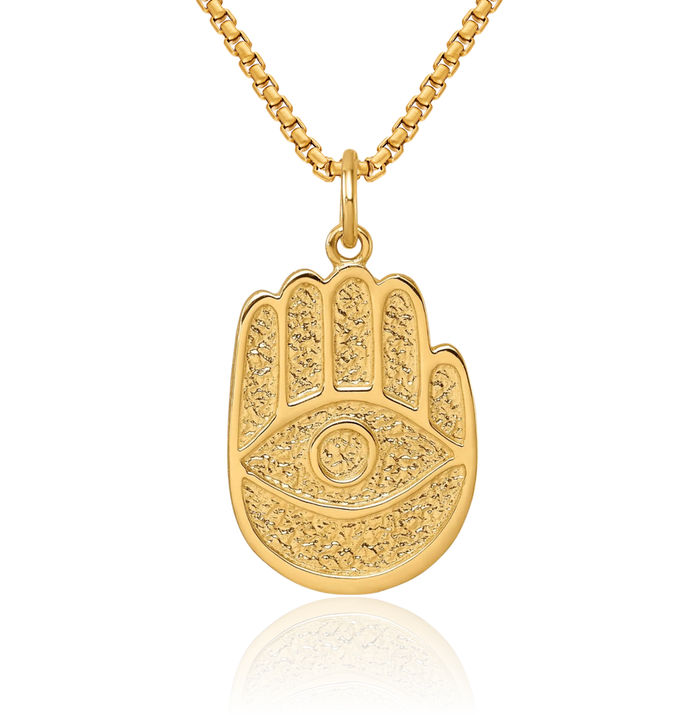 14K Solid Yellow Gold Hamsa Hand of Fatima Evil Eye Protection Necklace Chain Pendant Charm