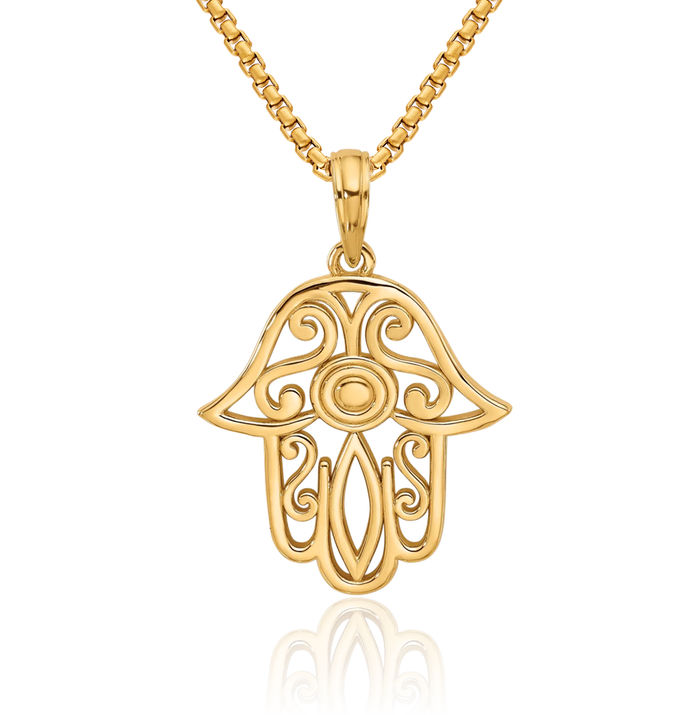 14K Solid Yellow Gold Hamsa Hand of Fatima Evil Eye Protection Necklace Chain Pendant Charm