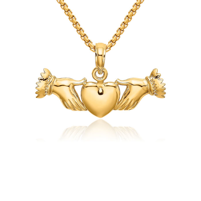 14K Solid Yellow Gold Hands Heart Necklace Irish Claddagh Celtic Charm Pendant Jewelry