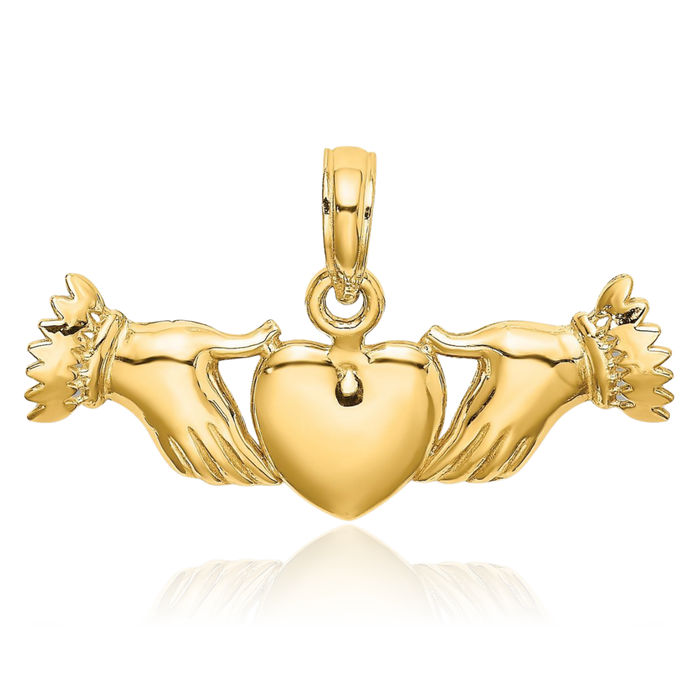 14K Solid Yellow Gold Hands Heart Necklace Irish Claddagh Celtic Charm Pendant Jewelry