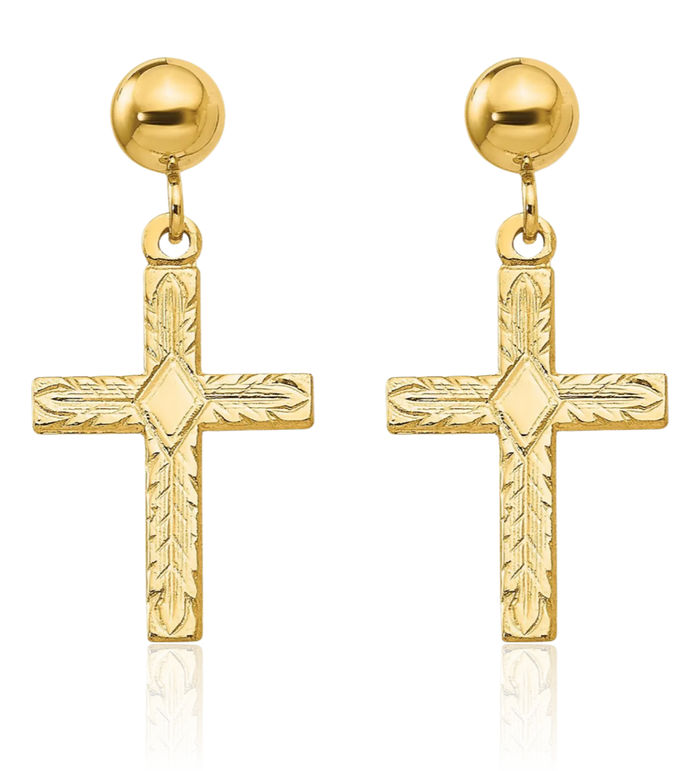 14K Solid Yellow Gold Hanging Holy Cross Christian Religious Drop Dangle Earrings