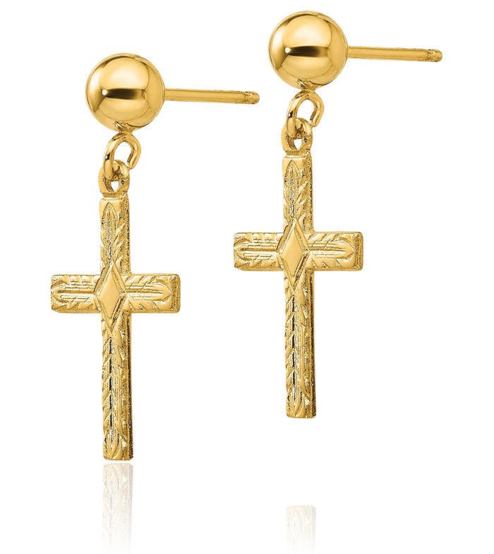 14K Solid Yellow Gold Hanging Holy Cross Christian Religious Drop Dangle Earrings