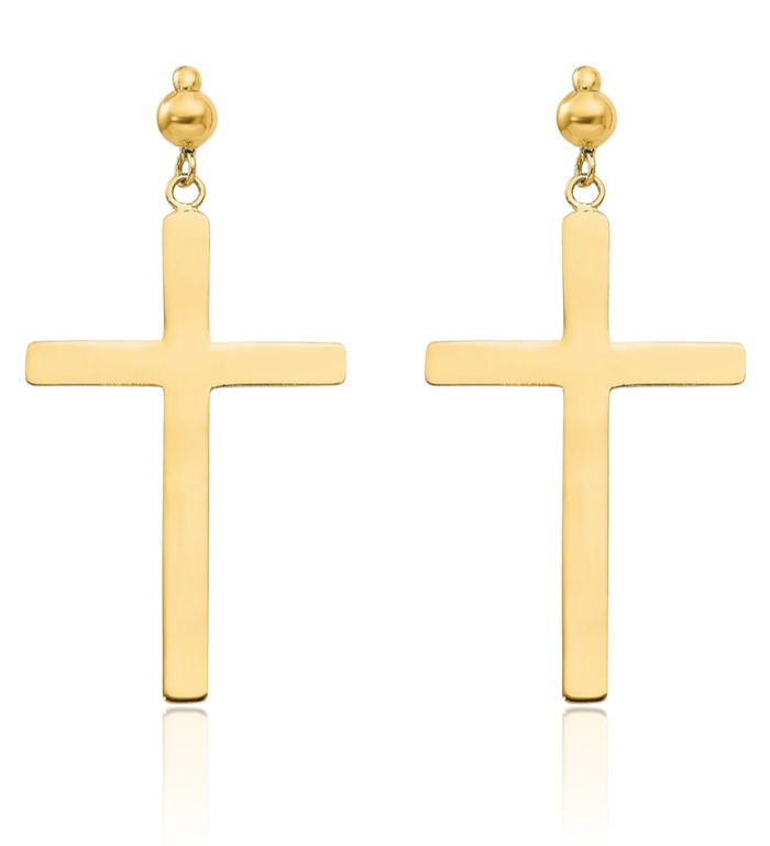 14K Solid Yellow Gold Hanging Holy Cross Christian Religious Drop Dangle Earrings