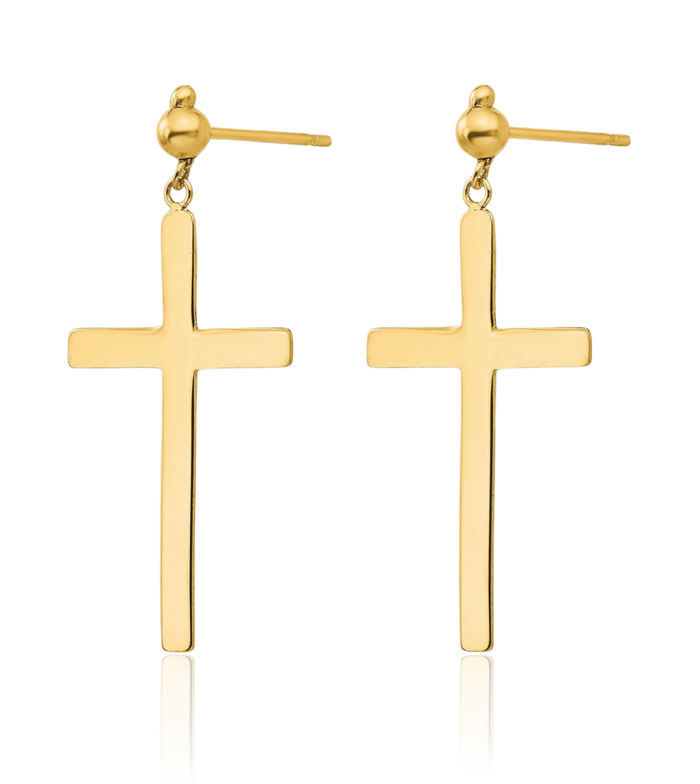 14K Solid Yellow Gold Hanging Holy Cross Christian Religious Drop Dangle Earrings