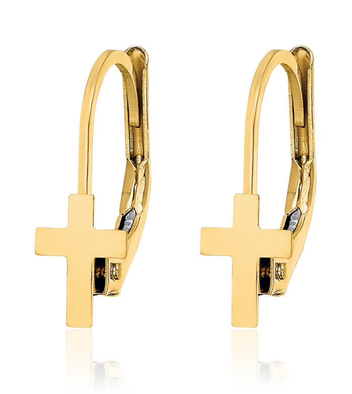 14K Solid Yellow Gold Hanging Holy Cross Christian Religious Drop Dangle Earrings