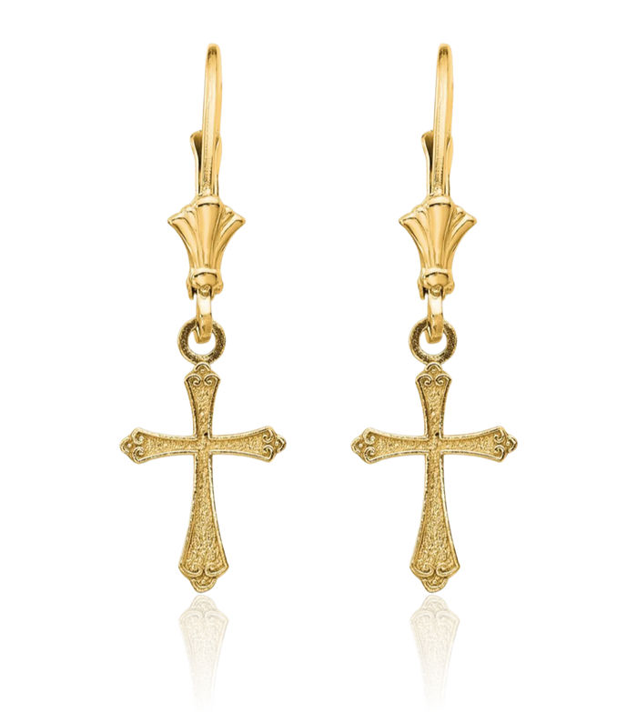 14K Solid Yellow Gold Hanging Holy Cross Christian Religious Drop Dangle Earrings