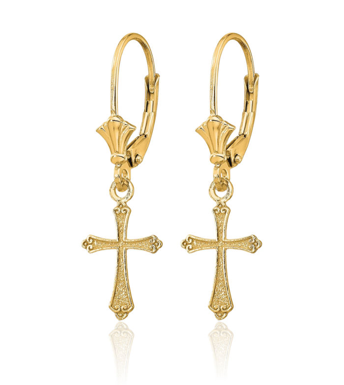 14K Solid Yellow Gold Hanging Holy Cross Christian Religious Drop Dangle Earrings