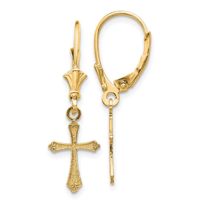 14K Solid Yellow Gold Hanging Holy Cross Christian Religious Drop Dangle Earrings