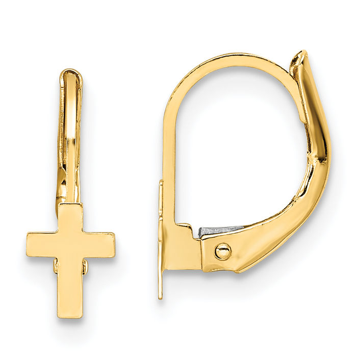 14K Solid Yellow Gold Hanging Holy Cross Christian Religious Drop Dangle Earrings
