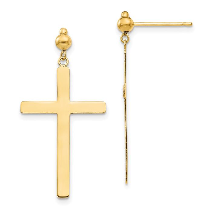 14K Solid Yellow Gold Hanging Holy Cross Christian Religious Drop Dangle Earrings