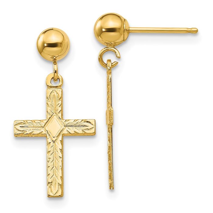 14K Solid Yellow Gold Hanging Holy Cross Christian Religious Drop Dangle Earrings